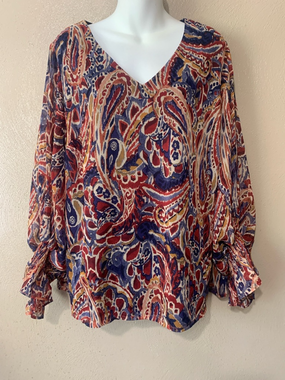 7. Vince Camuto 1X Multicolor Paisley V-Neck Blouse in Red & Navy